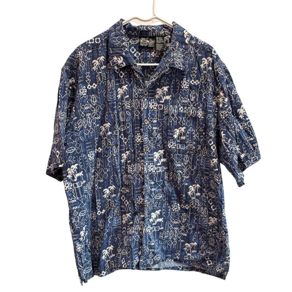 Ocean Pacific Mens L Blue Tribal Palm Tree Hawaiian Button Down Shirt OP Sport
